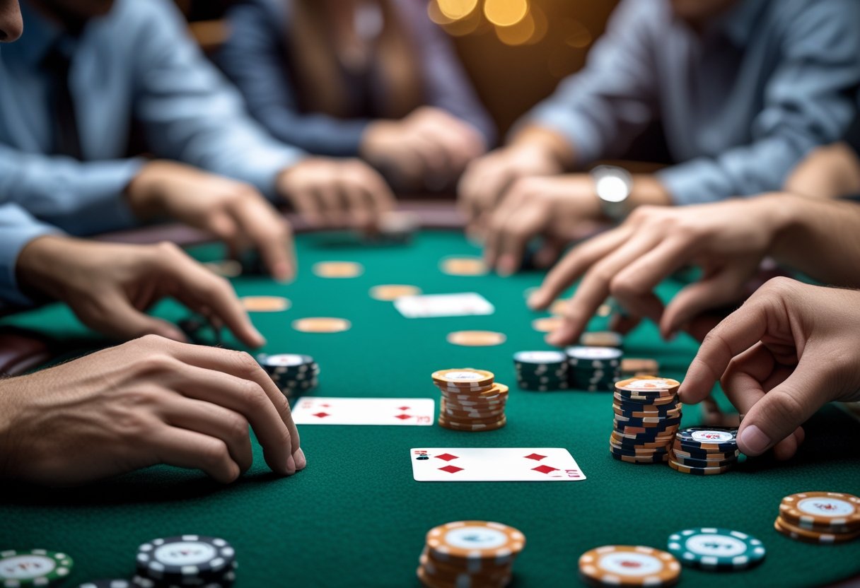 Close-up of a poker table with chips and cards, showing players placing bets during a game.