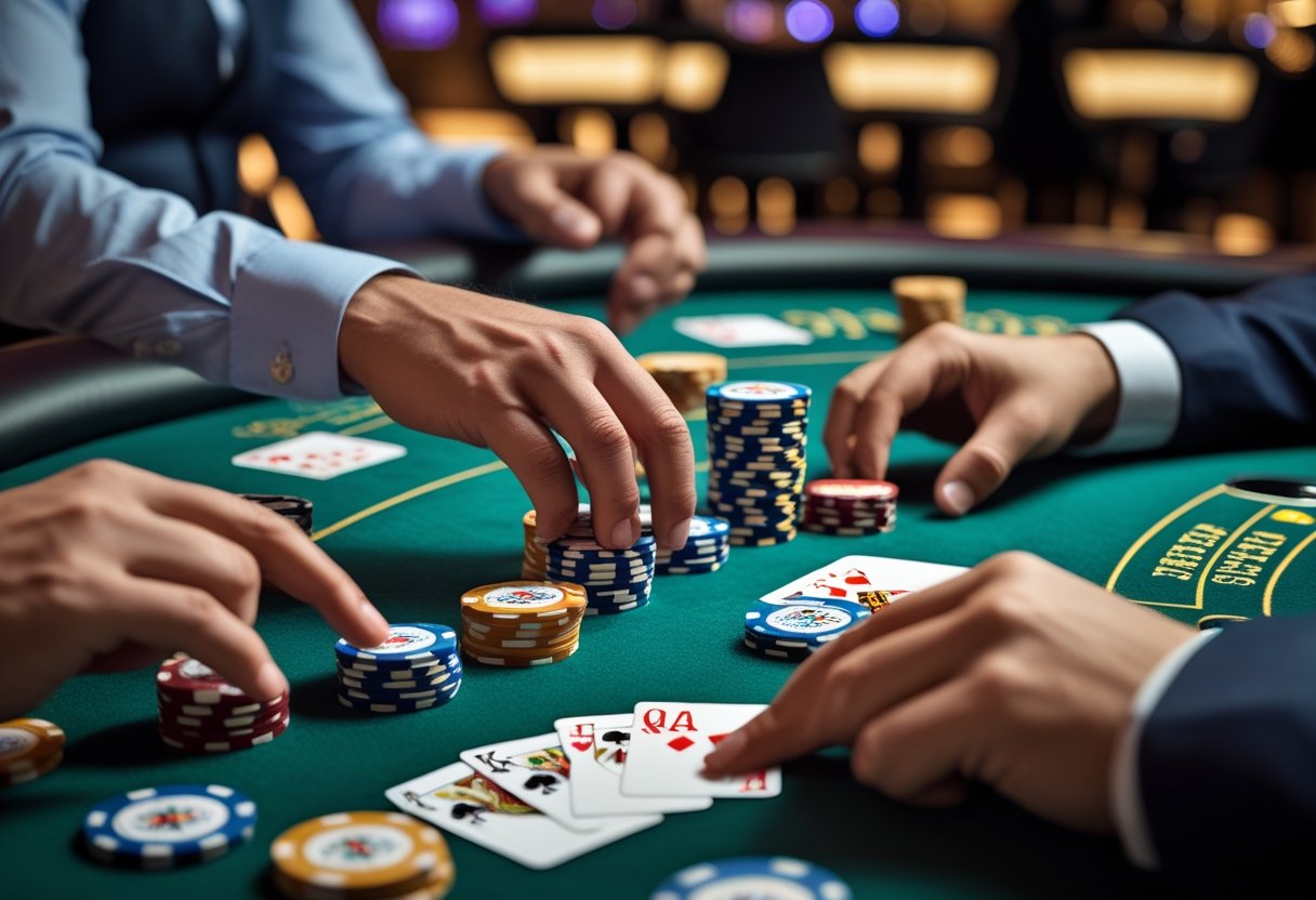 Close-up of hands placing poker chips on a green felt table during a poker game, with playing cards and a dealer in the background.