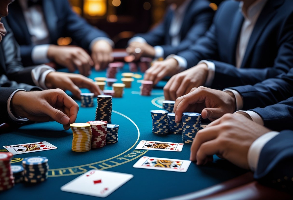 A poker table with colorful chips and playing cards, showing players placing bets during a game.