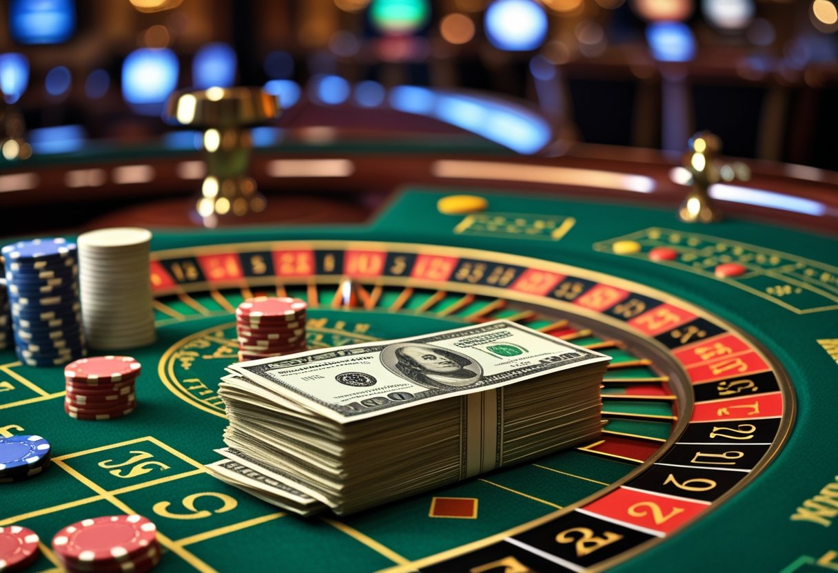 A roulette wheel spinning next to a stack of US dollar bills on a casino table.
