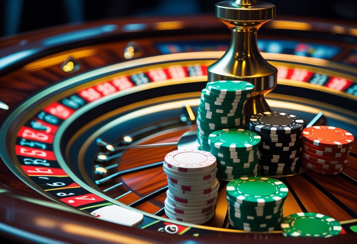 Close-up of a roulette wheel and betting table with stacks of casino chips placed on different numbers.