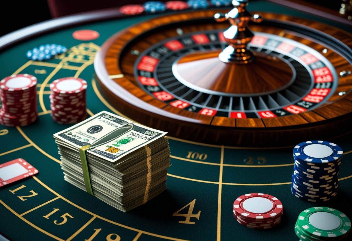 Close-up of a roulette wheel with a stack of money on a casino table.