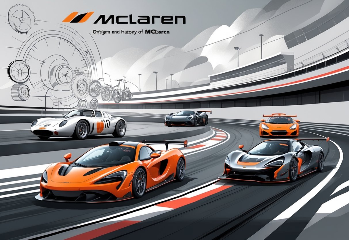 Ilustrasi yang menunjukkan sejarah dan asal mula merek mobil mewah McLaren dengan mobil balap awal, mobil McLaren F1 ikonik, dan kendaraan mewah modern, serta elemen inovasi dan teknik di latar belakang.