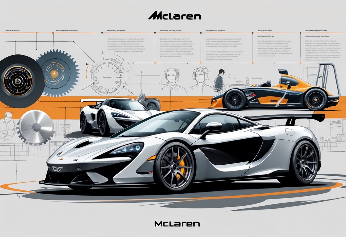 Sebuah mobil sport McLaren modern ditampilkan di depan dengan latar belakang yang menunjukkan sejarah dan inovasi teknologi dari merek mobil tersebut.