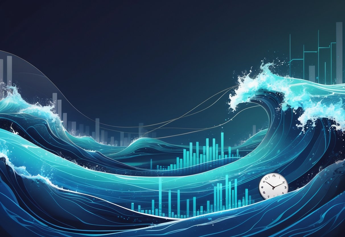 Ilustrasi gelombang laut dengan elemen grafik jam dan grafik data yang menunjukkan analisis waktu bermain terbaik dalam permainan Waves of Poseidon.