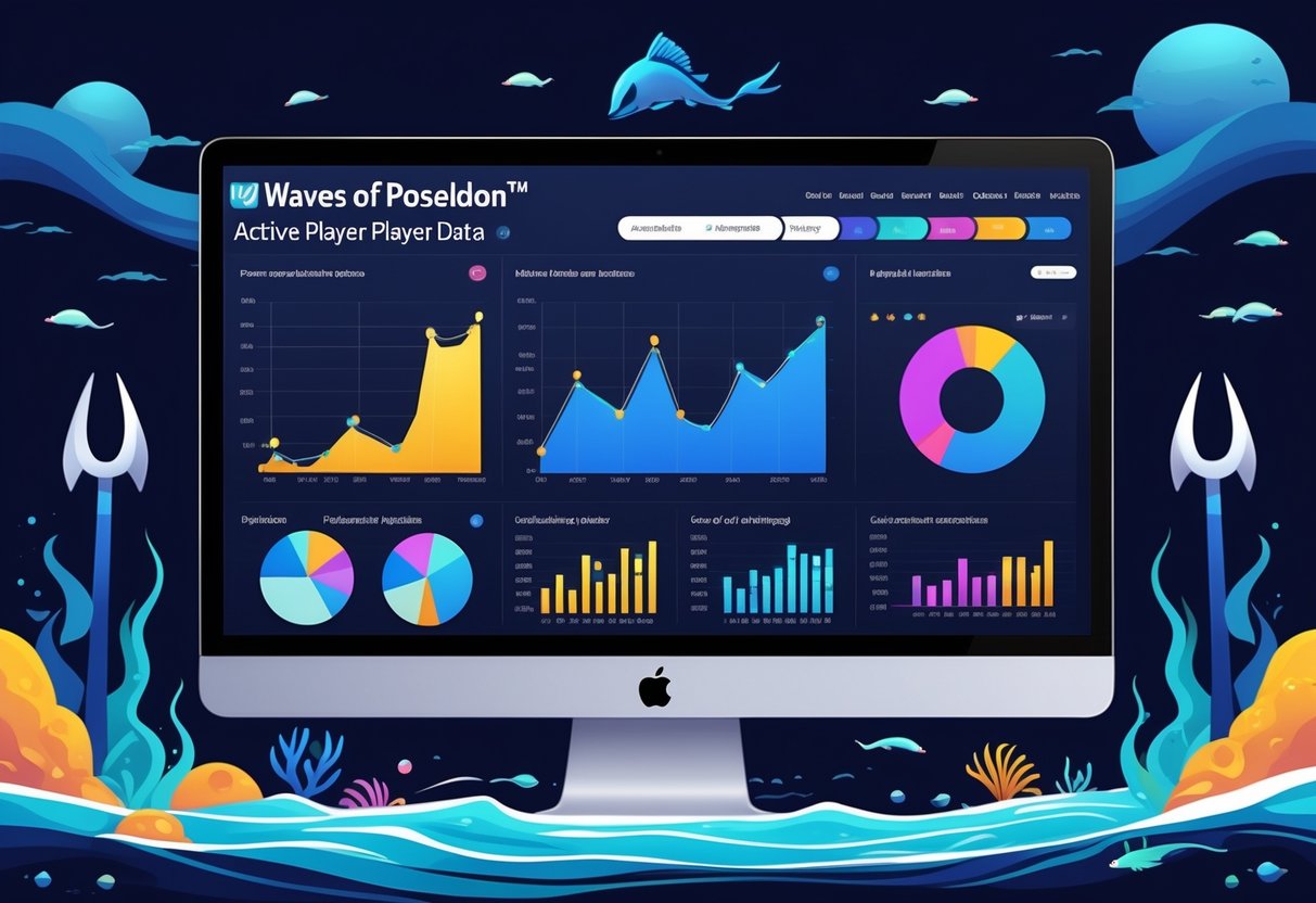 Ilustrasi layar komputer yang menampilkan grafik dan diagram aktivitas pemain dalam permainan bertema laut.