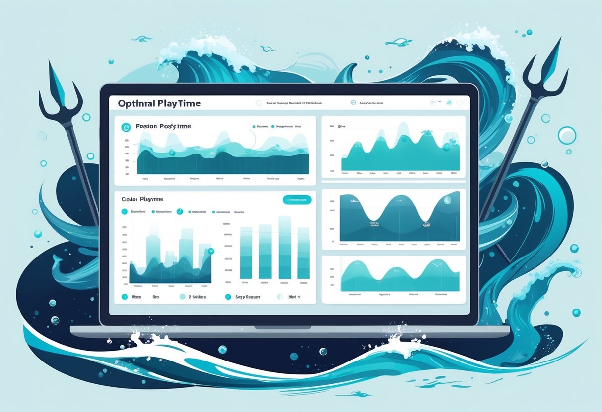 Ilustrasi dasbor digital dengan grafik aktivitas pemain dan elemen laut seperti ombak dan trisula Poseidon.