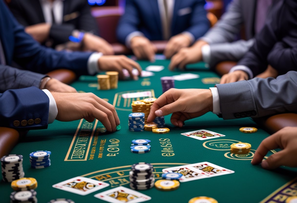Players engaged in a Limit Texas Hold'em poker game around a green felt table with chips and cards.