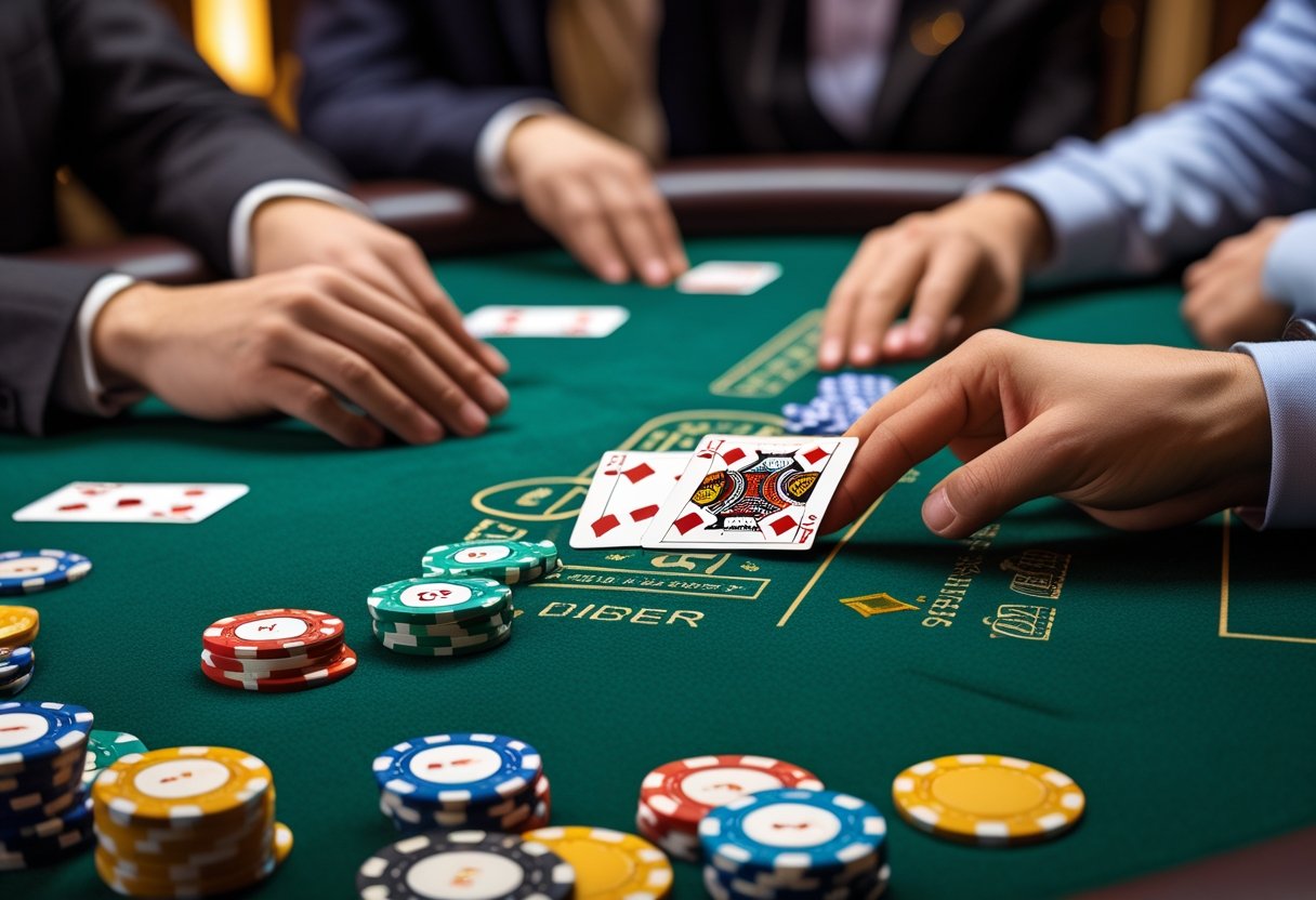 Close-up of a poker table with chips and cards during a game of Limit Texas Hold'em, showing players' hands and betting action.
