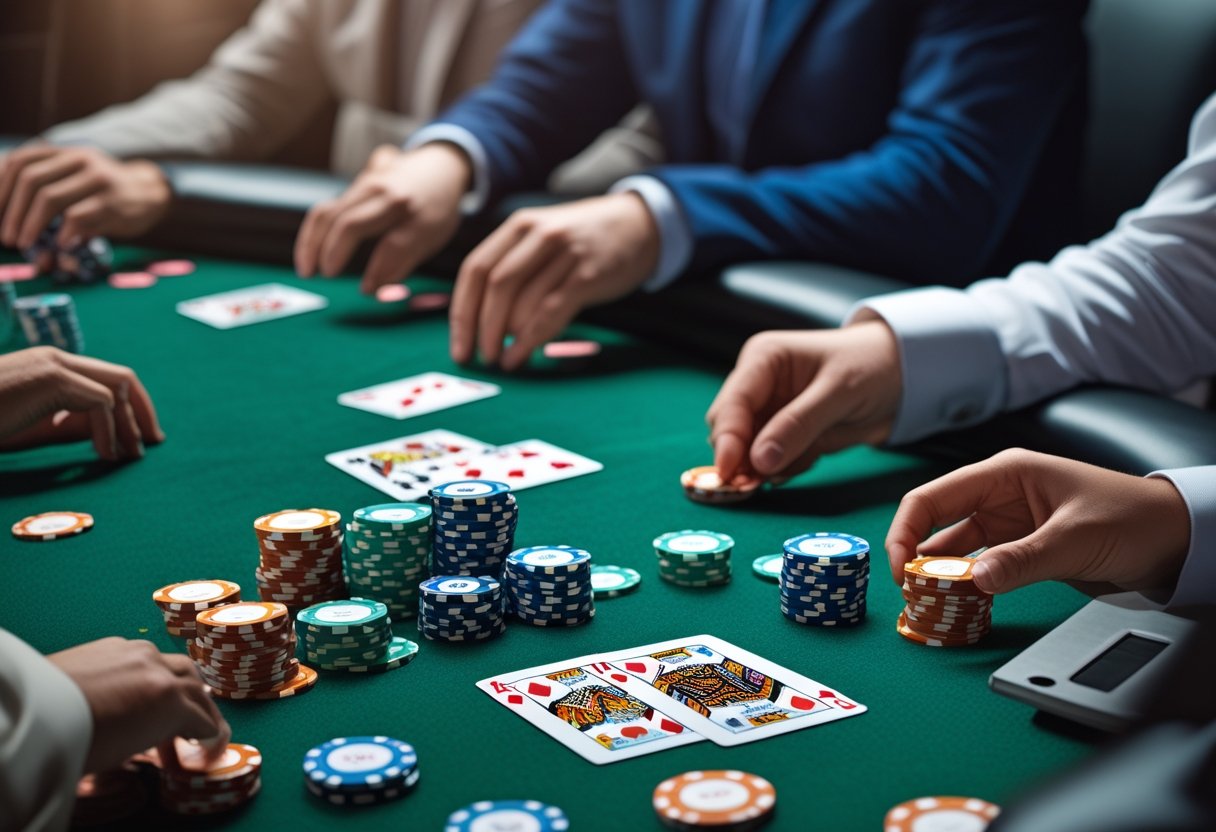 Close-up of a poker table with cards and chips during a game of Texas Hold'em.