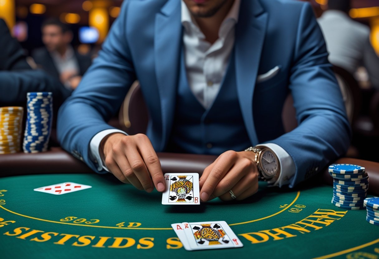A person focused on playing blackjack at a casino table with cards and chips, surrounded by other players and a dealer.