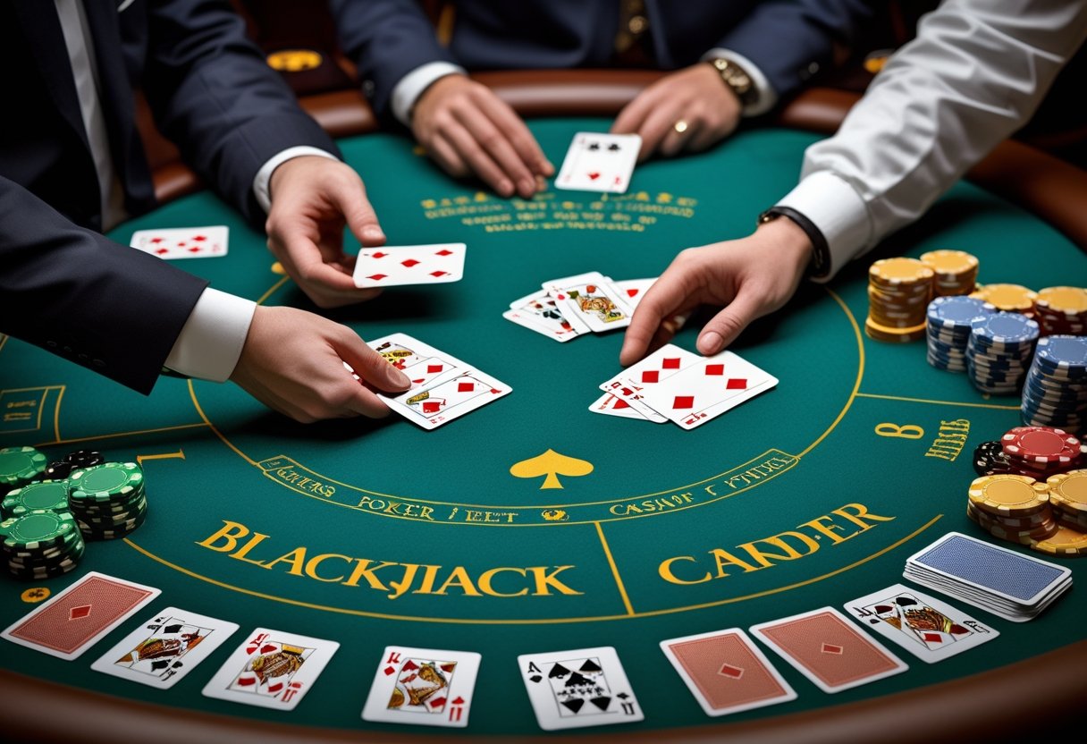 A blackjack table with cards and poker chips, showing a dealer dealing cards to players.