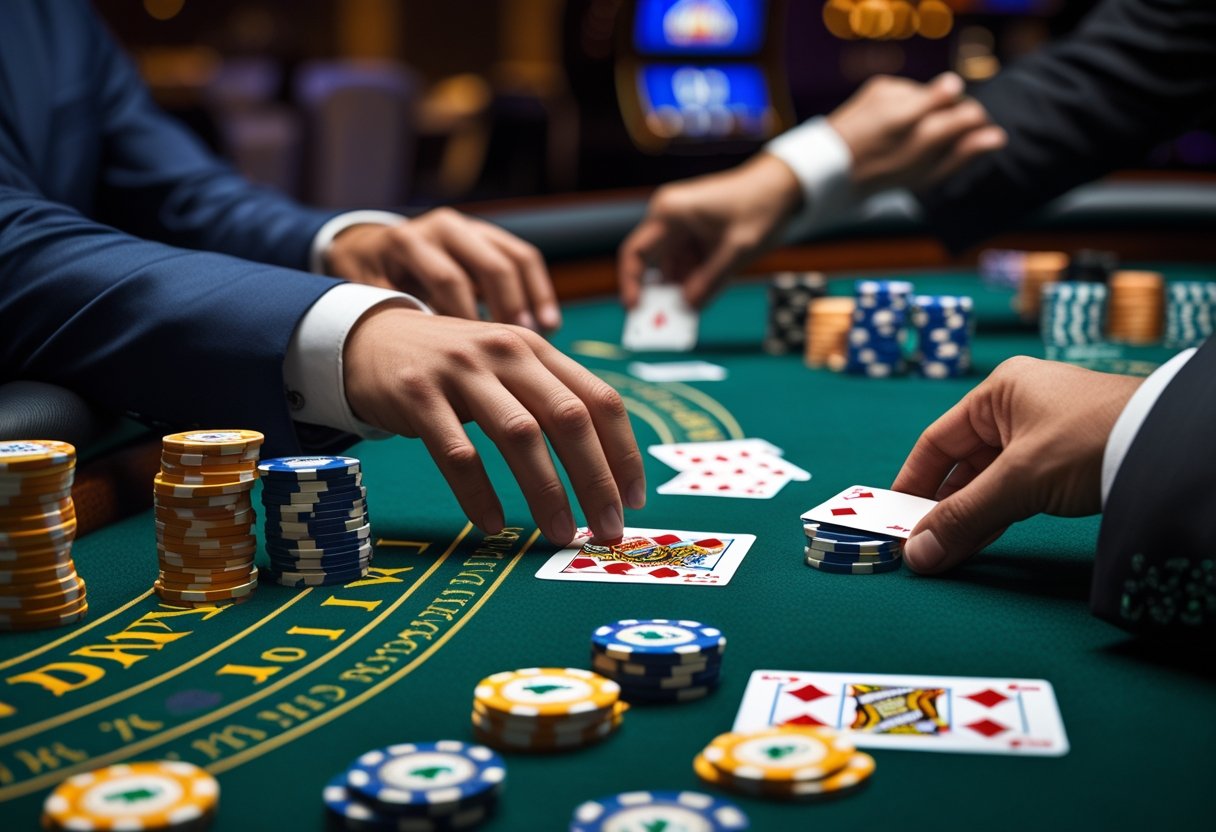 A blackjack table with playing cards, chips, and hands of a player and dealer in a casino setting.