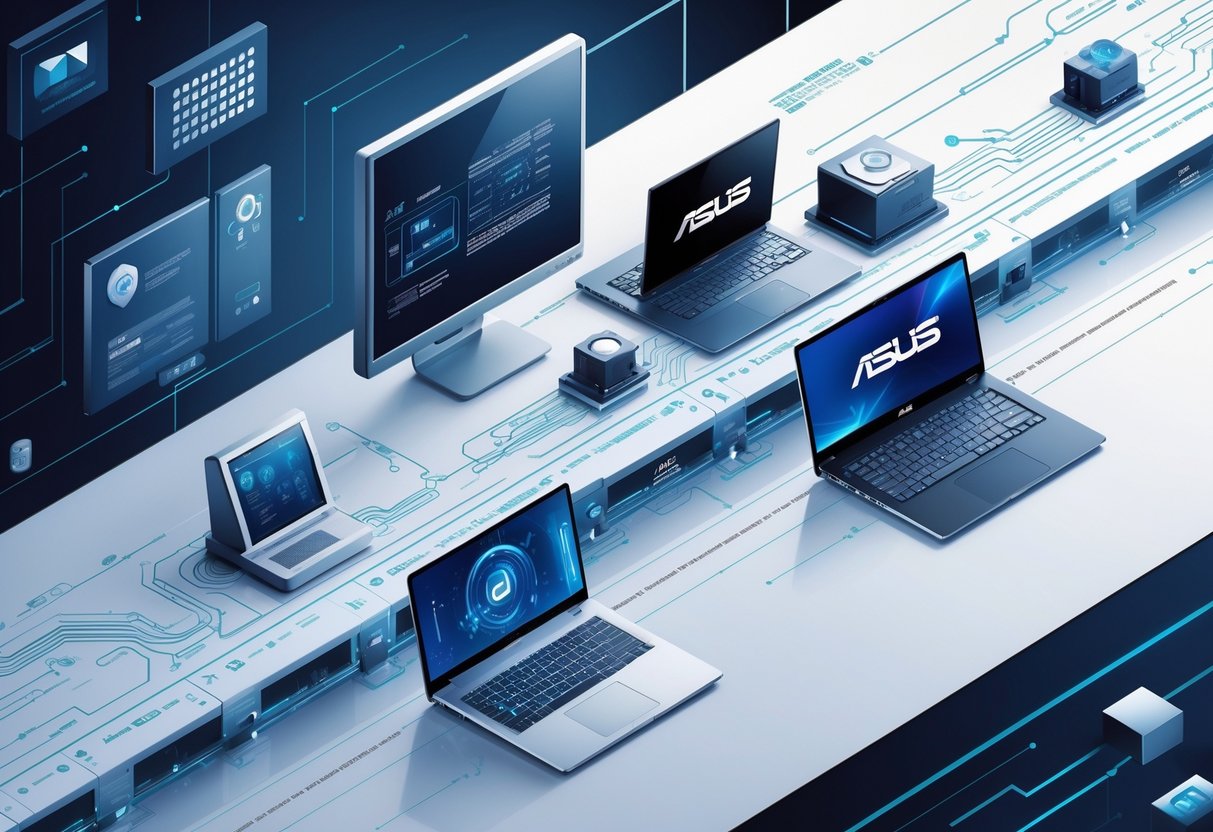 Ilustrasi yang menunjukkan perkembangan sejarah merek laptop ASUS dari awal hingga saat ini dengan gambaran komputer lama dan laptop modern.