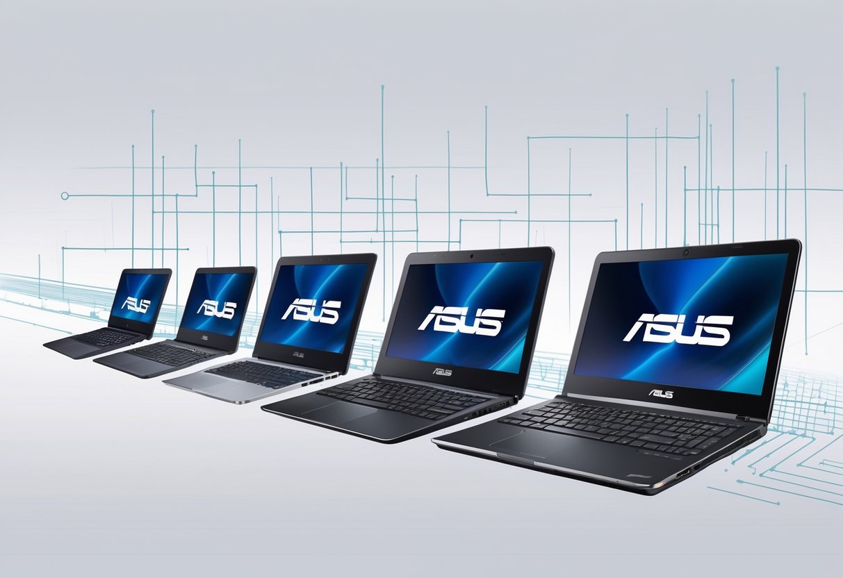 Ilustrasi berbagai model laptop ASUS yang disusun berdasarkan waktu, dari model lama hingga model terbaru, menunjukkan perkembangan desain laptop ASUS.