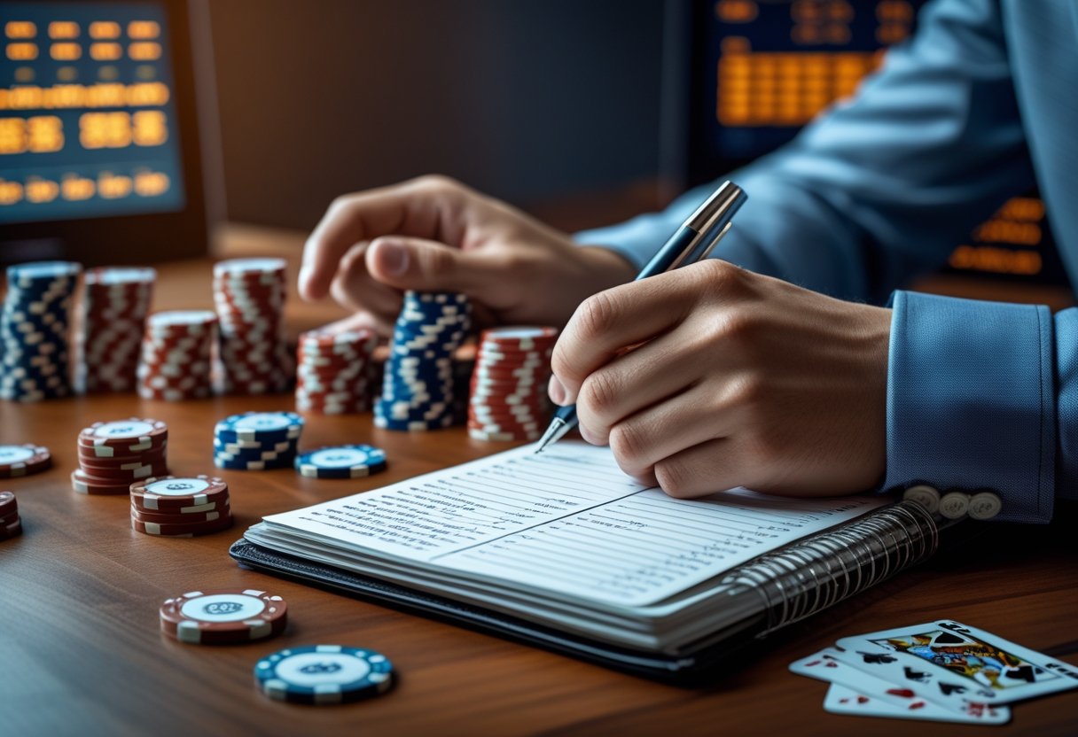 A person’s hands holding a pen over a notebook with poker chips and playing cards on a wooden table, suggesting strategic betting.