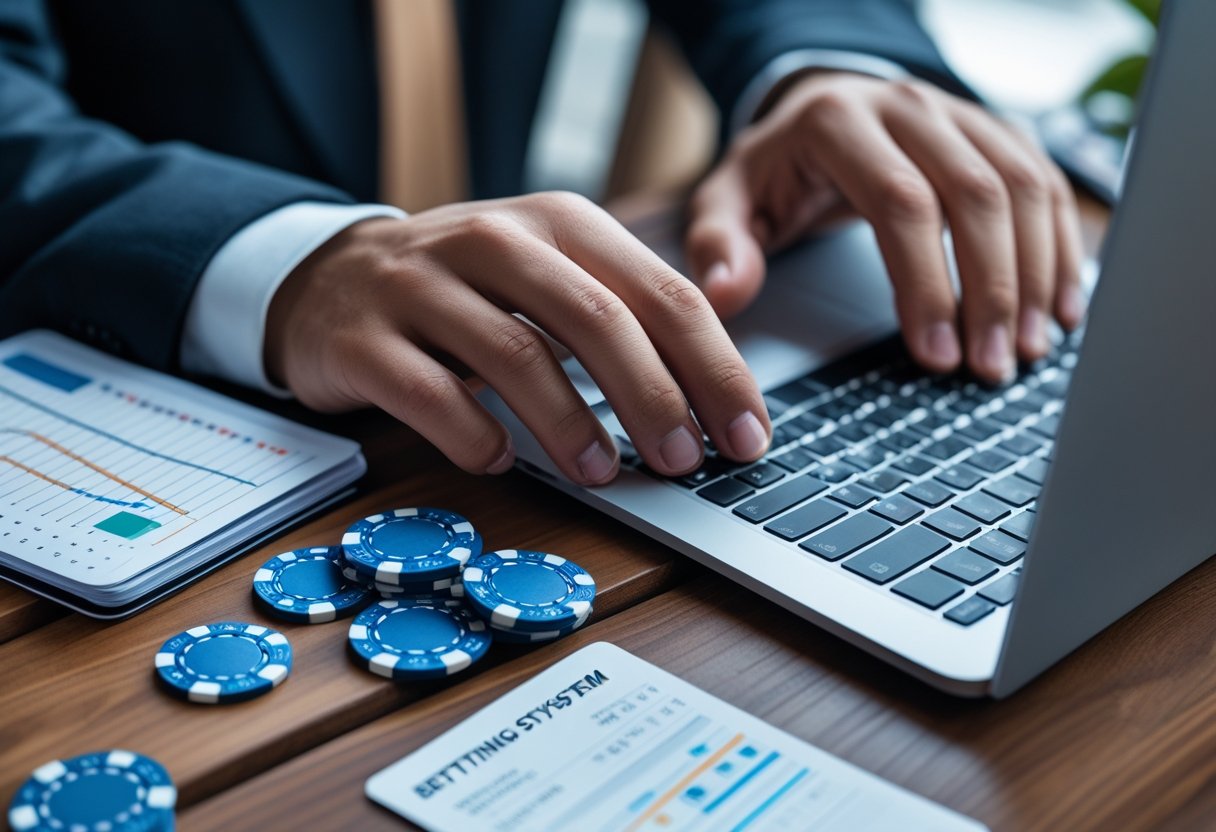 Close-up of hands managing poker chips and cards with a notebook and laptop displaying charts on a wooden table.