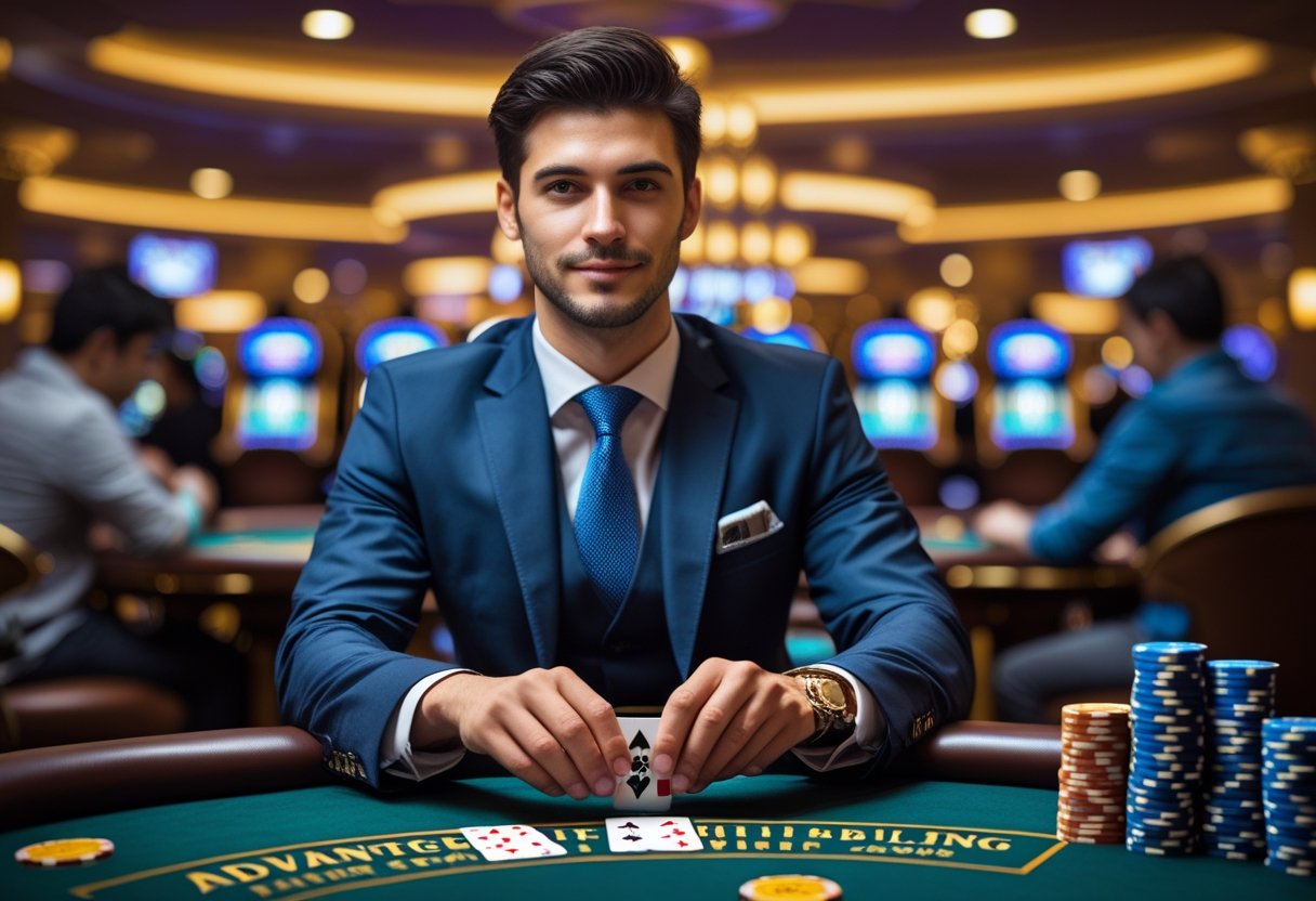 A man confidently holding playing cards at a poker table in a casino with poker chips in front of him.