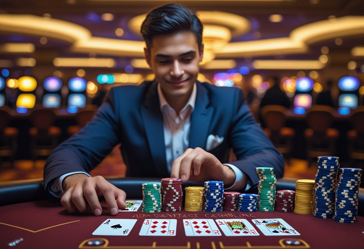 A person sitting at a casino table analyzing playing cards and poker chips with a focused expression.