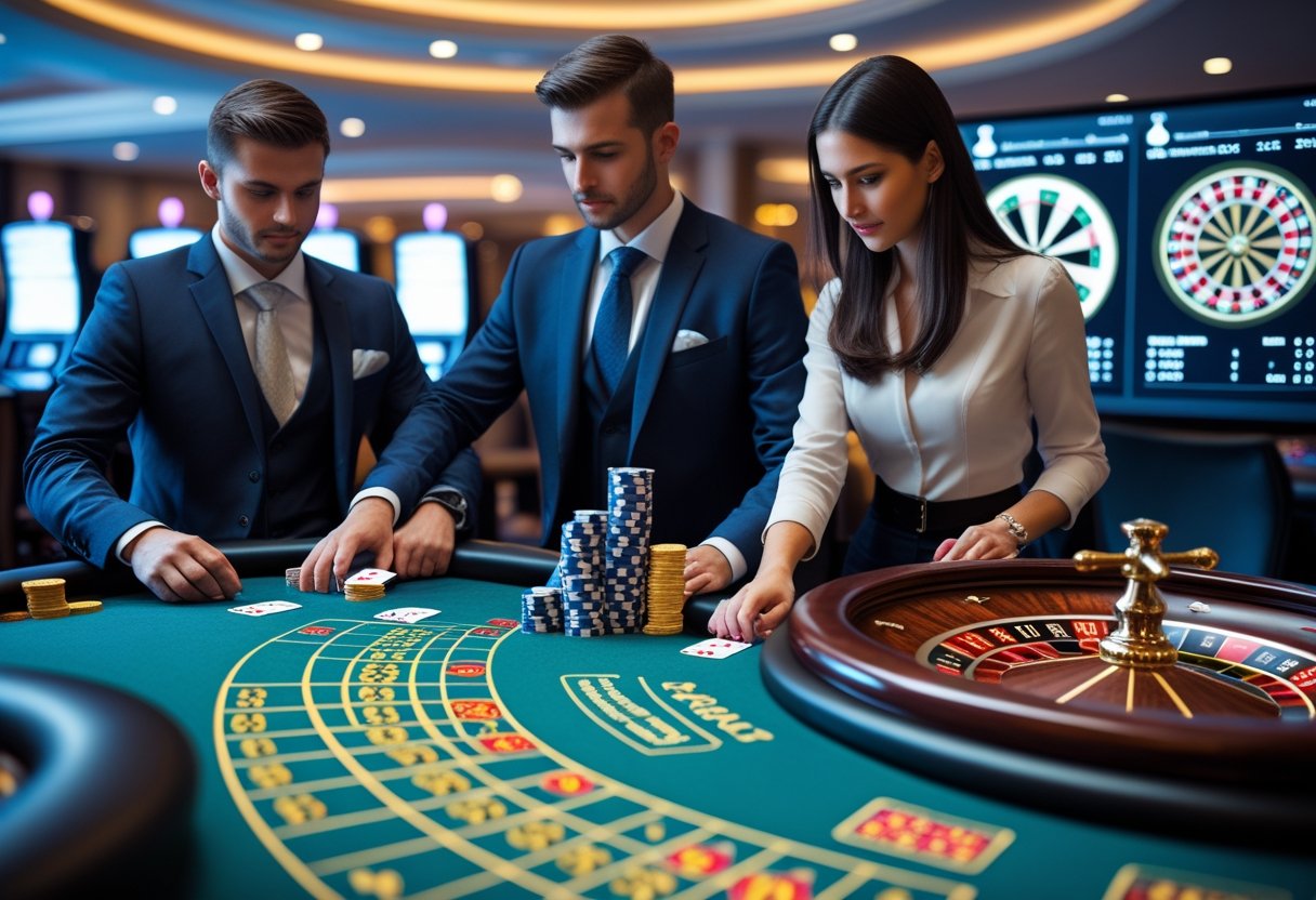 A man and woman playing blackjack with poker chips on a casino table while another person studies a roulette wheel, surrounded by charts and graphs related to gambling strategies.