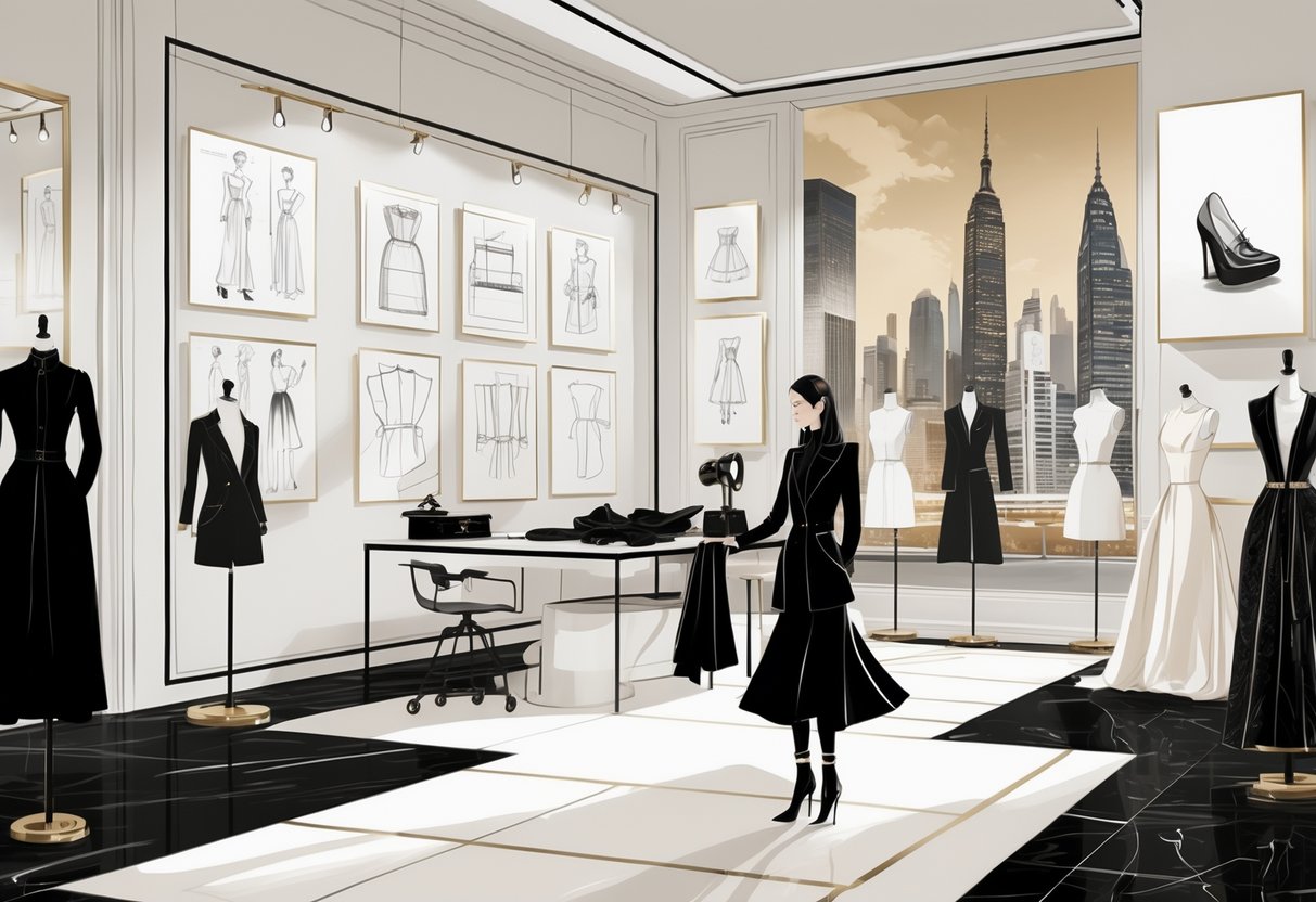 Seorang desainer mode sedang bekerja di studio dengan pakaian mewah dan alat desain, dikelilingi oleh manekin yang mengenakan busana avant-garde, menggambarkan asal-usul dan perkembangan merek Balenciaga.