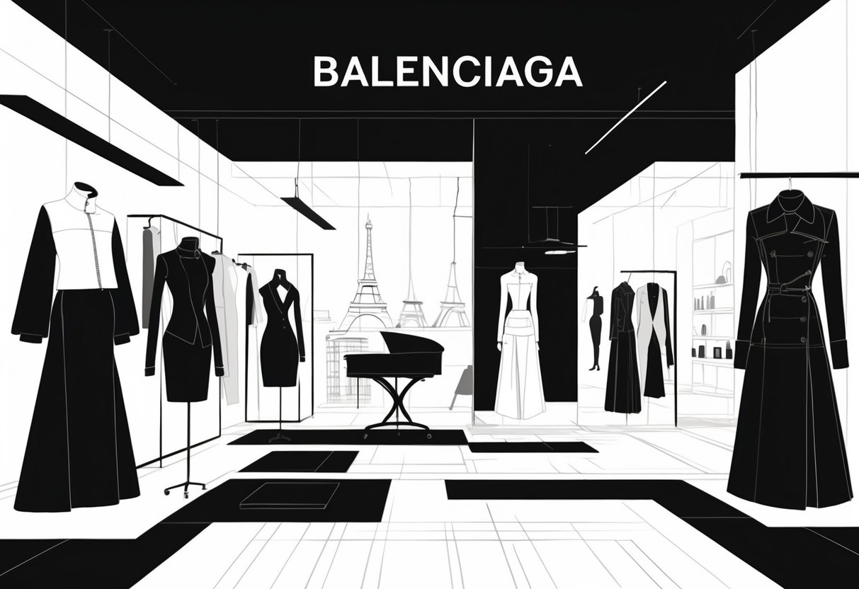 Ilustrasi sebuah studio mode mewah dengan pakaian elegan dan desain yang unik, menampilkan suasana profesional dan canggih.