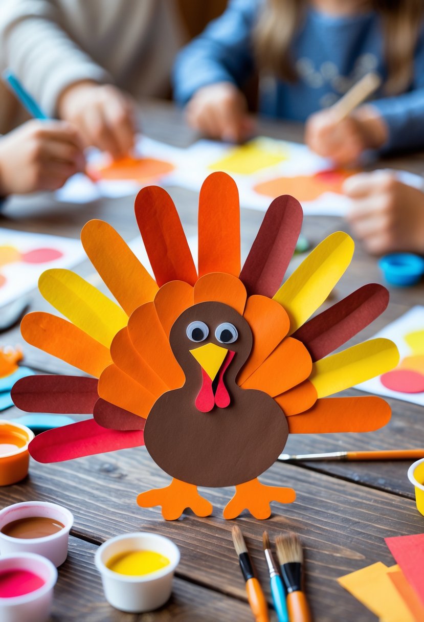 A colorful handprint turkey craft on a wooden table surrounded by paint, scissors, and crafting supplies with blurred hands working in the background.
