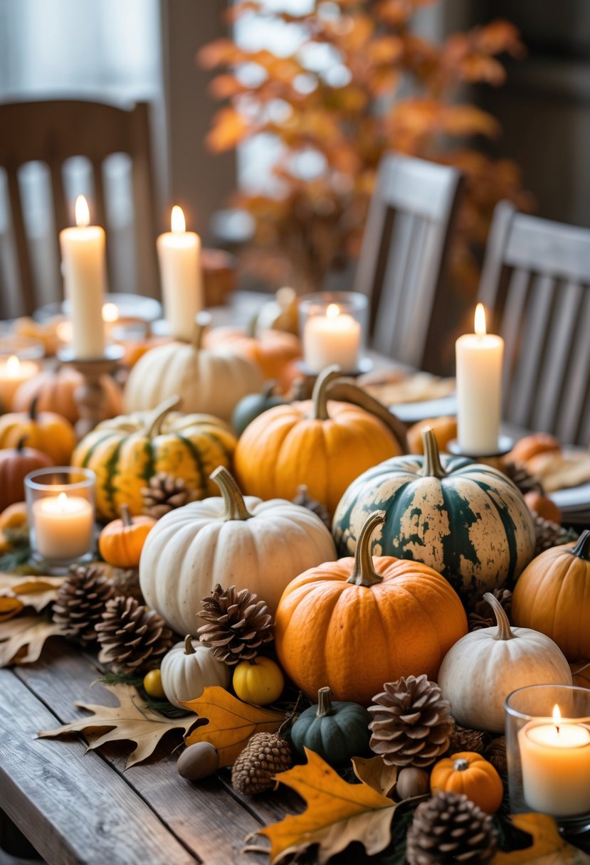 A Thanksgiving centerpiece with pumpkins, gourds, dried leaves, pinecones, and lit candles on a wooden table.