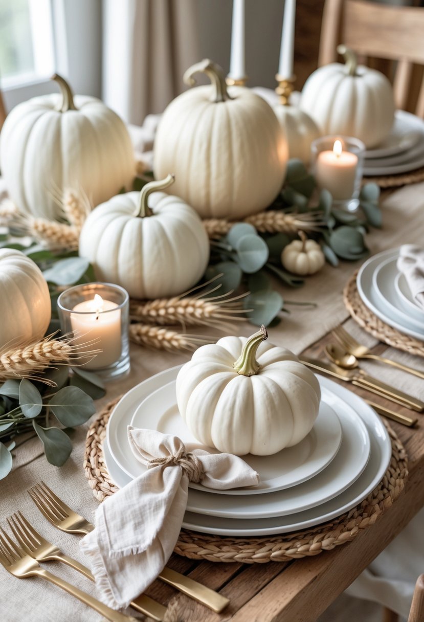A dining table set for Friendsgiving with white pumpkins, neutral-colored linens, candles, and autumn decorations.