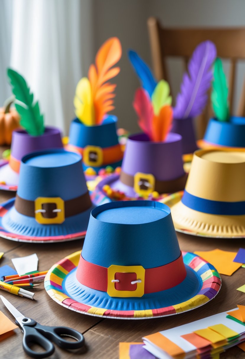 A table with several colorful paper plate pilgrim hats and crafting supplies arranged for a Thanksgiving craft activity.