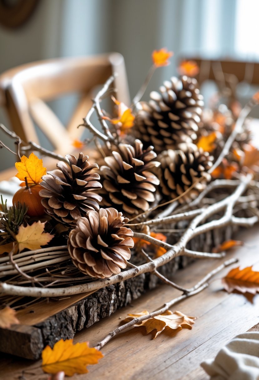 A rustic Thanksgiving centerpiece made of pinecones and twigs arranged on a wooden table.
