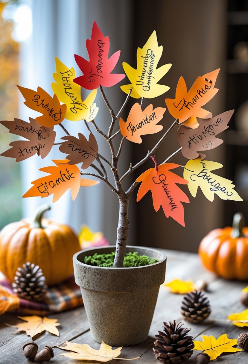 A small tree with colorful paper leaves displaying messages of gratitude, placed on a wooden table surrounded by autumn decorations like pumpkins and pinecones.