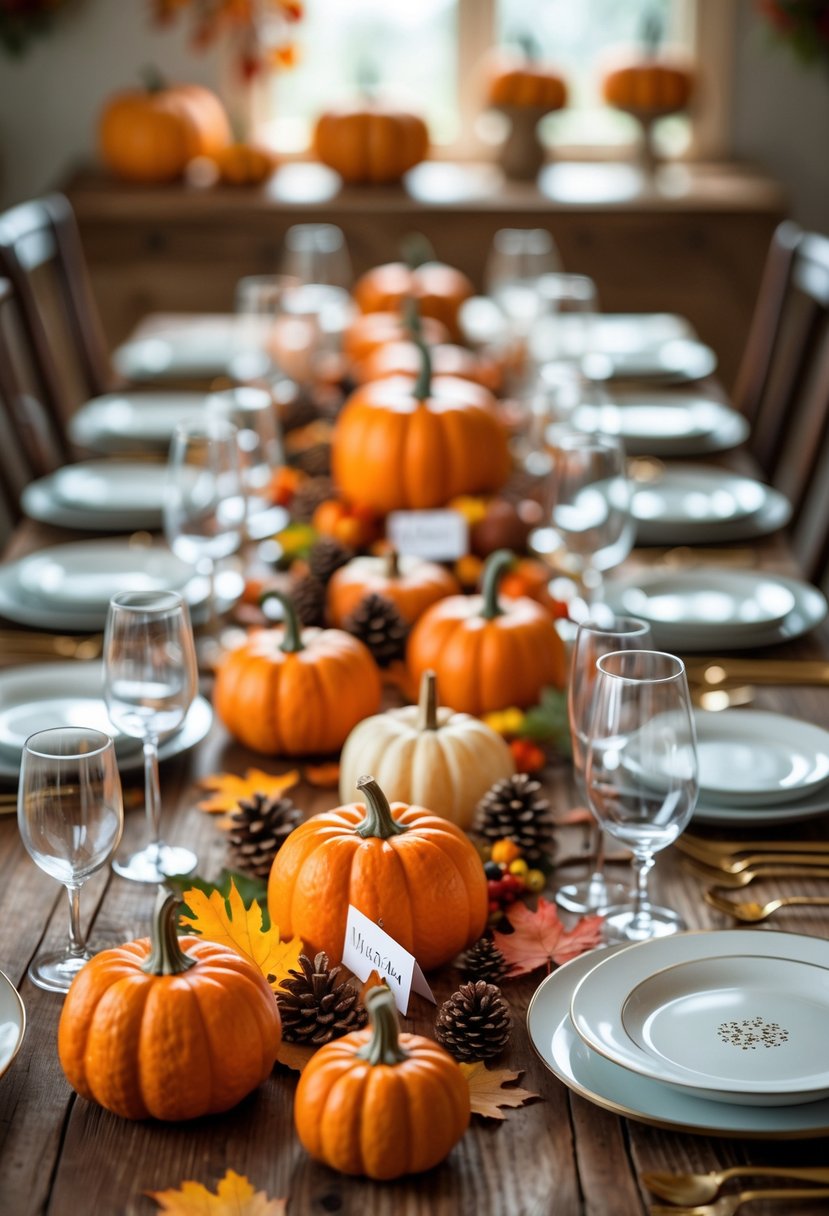 A Friendsgiving dining table with 15 mini pumpkins used as place card holders surrounded by autumn decorations and table settings.