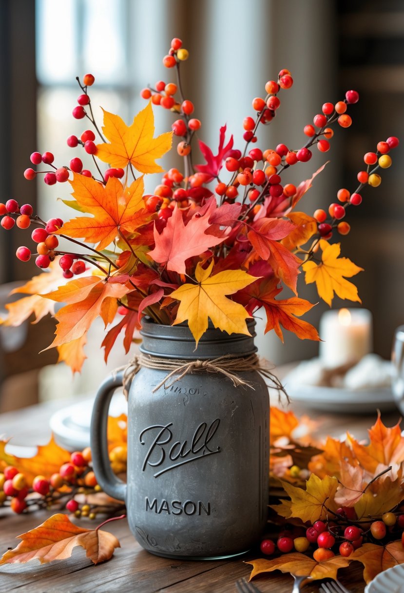 A mason jar filled with colorful fall leaves and red berry sprigs on a wooden table surrounded by autumn decorations.