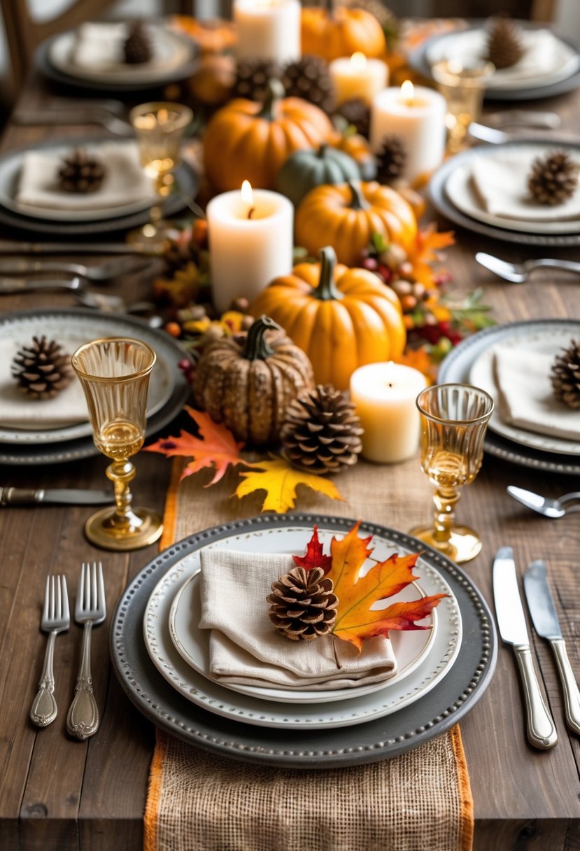 A fall-themed table set with burlap runners, pumpkins, leaves, candles, and place settings for a Friendsgiving gathering.