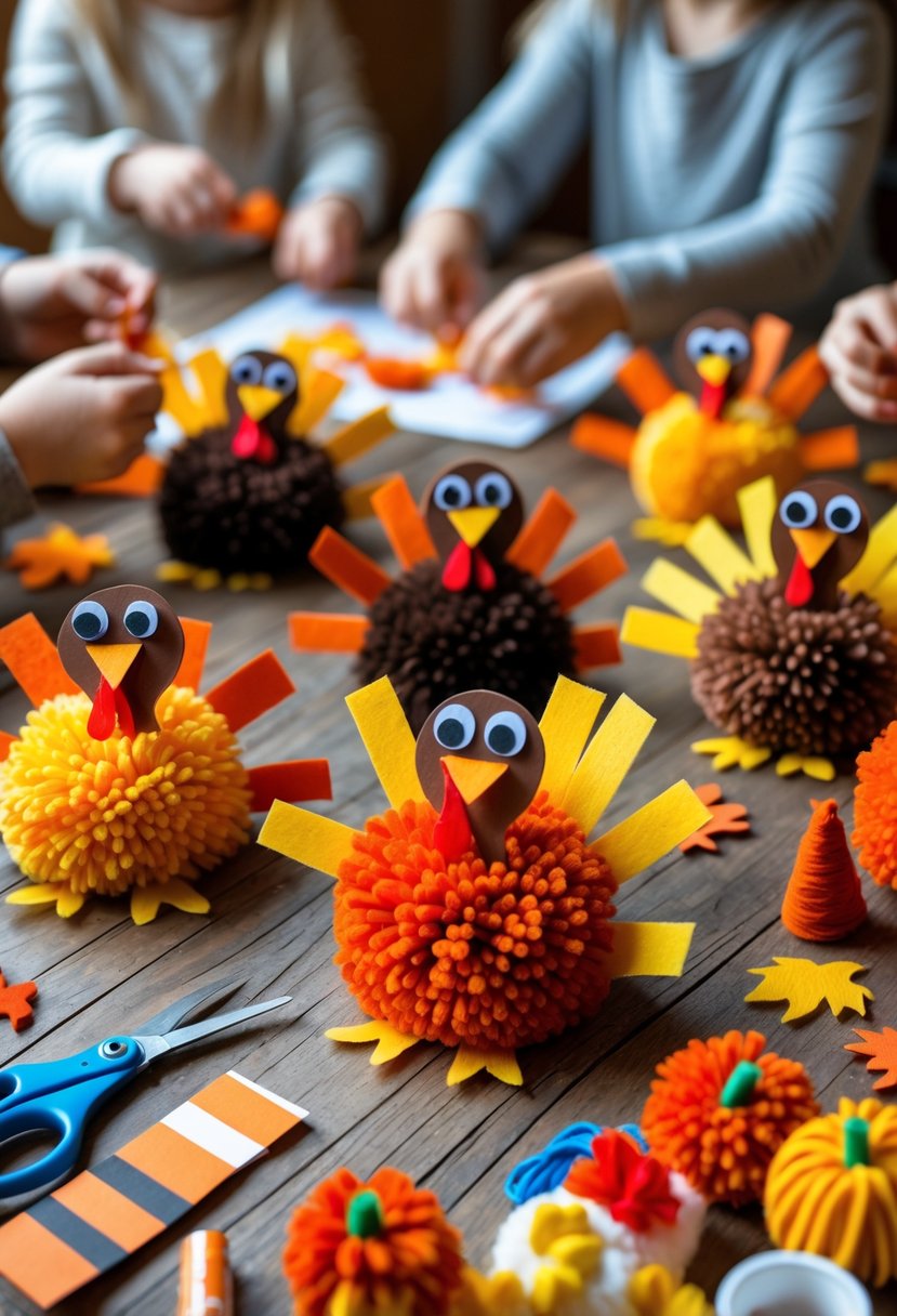 A table with colorful pom-pom turkey decorations and crafting supplies, with children and adults making crafts together.