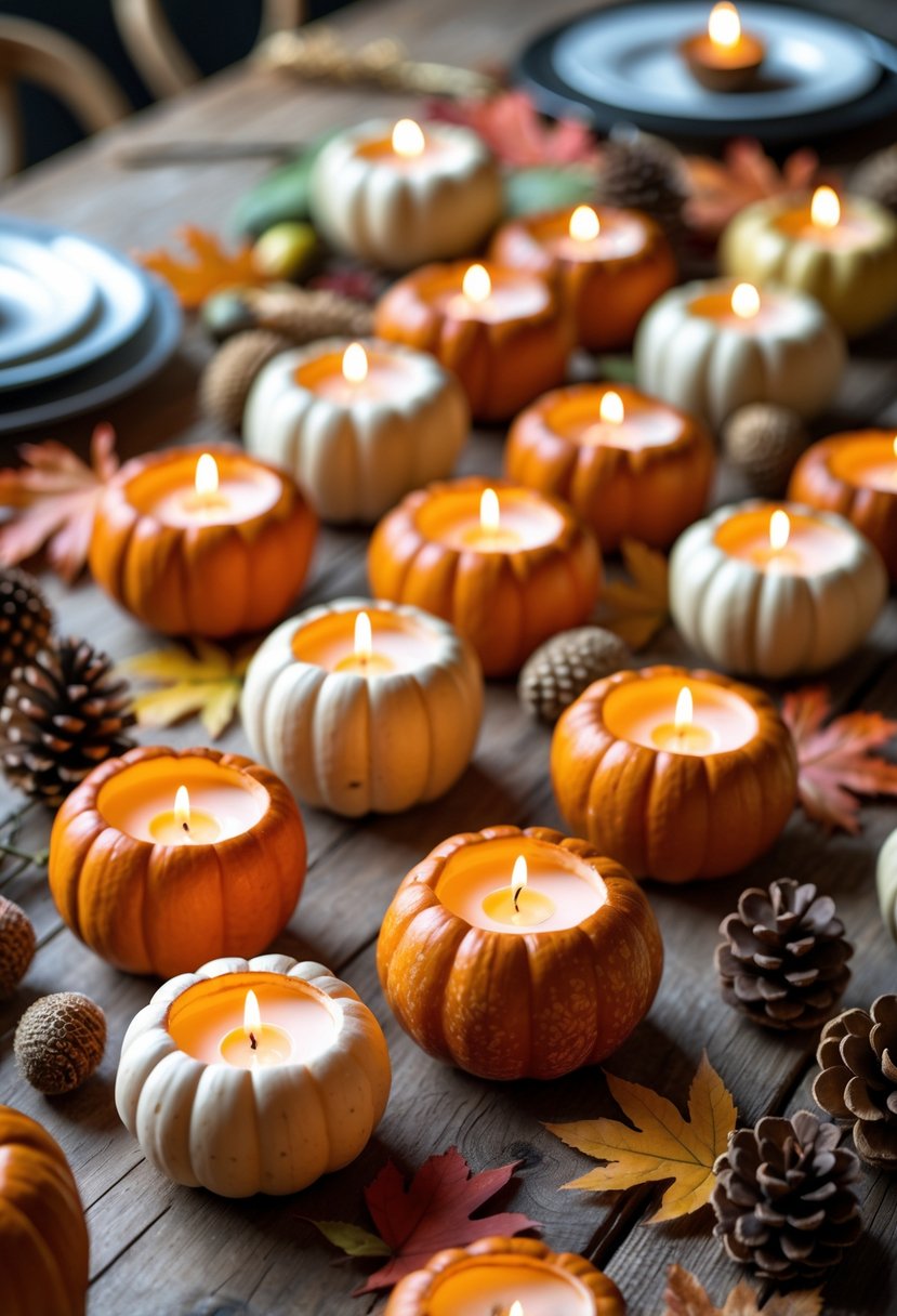 A Thanksgiving table centerpiece with fifteen mini pumpkins holding lit candles surrounded by autumn leaves, pine cones, and wheat on a wooden surface.
