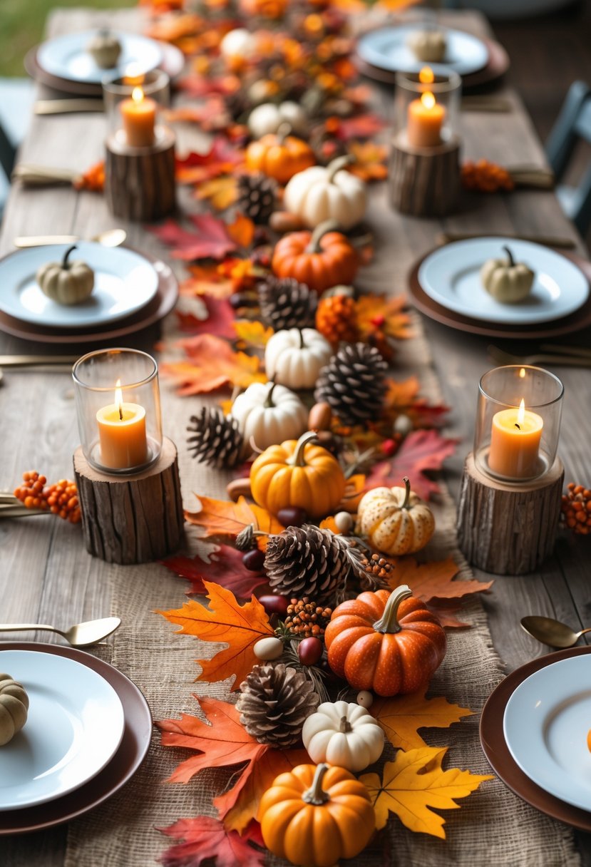 A table decorated with an autumn leaf garland table runner and Thanksgiving centerpieces including pumpkins, pinecones, candles, and gourds.