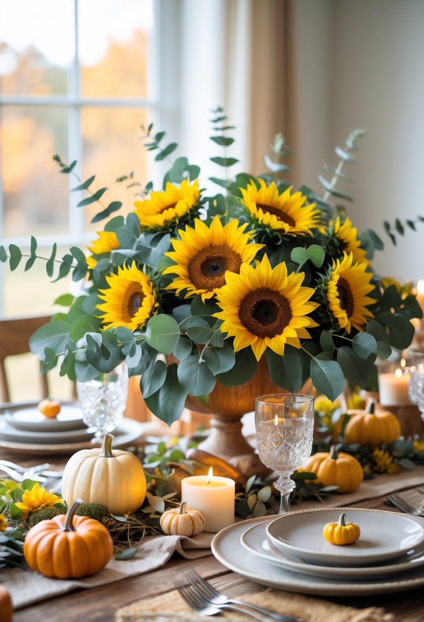 A seasonal centerpiece with sunflowers and eucalyptus on a decorated Friendsgiving table set for guests.