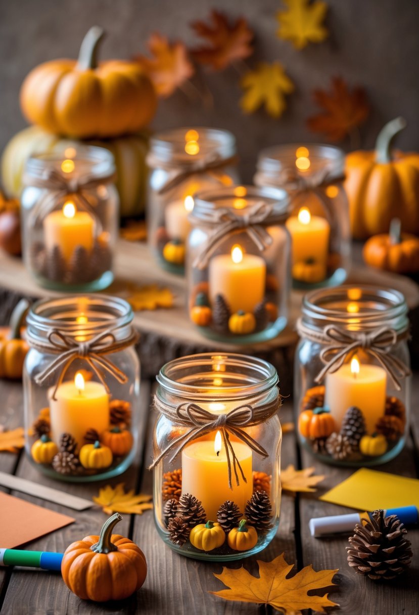 Mason jar candle holders decorated with autumn leaves and twine, glowing on a wooden table surrounded by craft supplies and fall decorations.