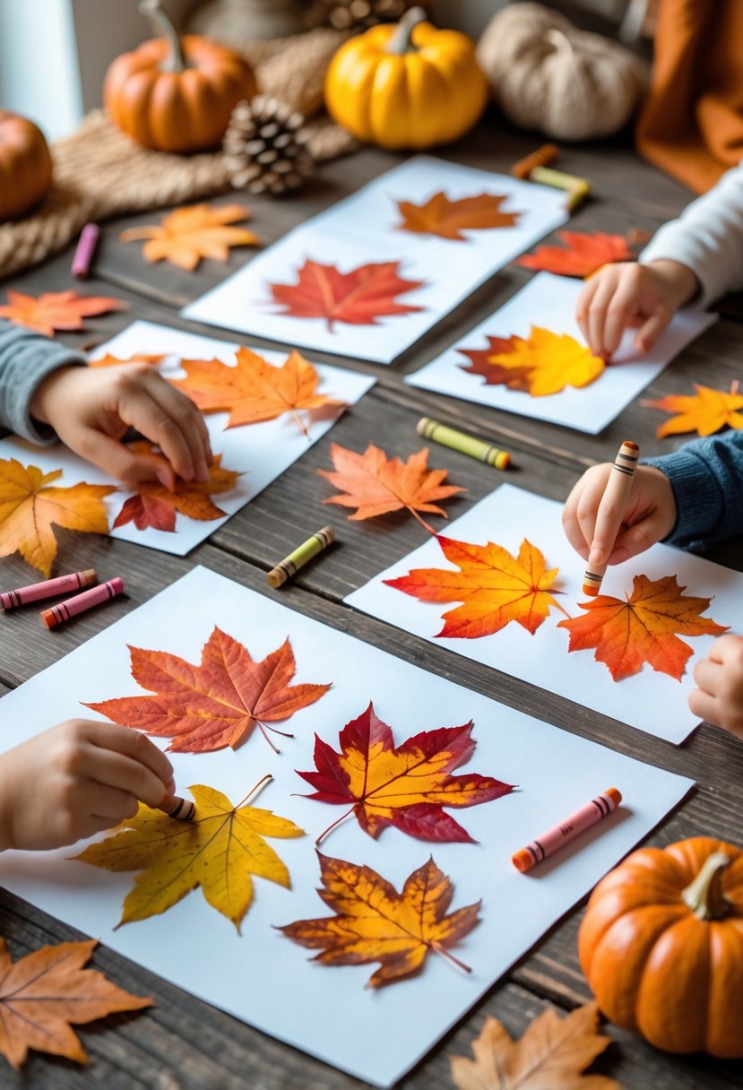 Hands of children and adults creating colorful leaf rubbing art on paper with autumn leaves and crayons on a wooden table surrounded by fall decorations.