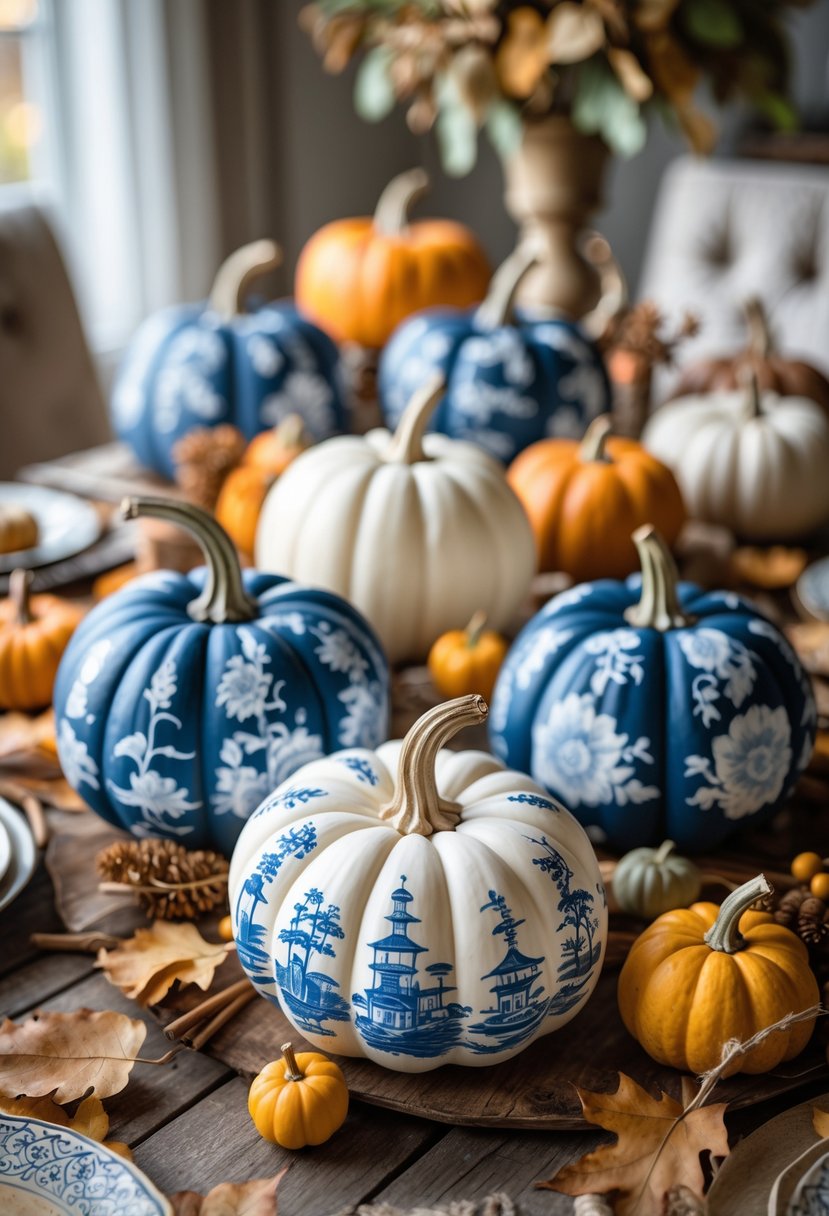 A Thanksgiving centerpiece with painted pumpkins arranged on a wooden table surrounded by autumn decorations.