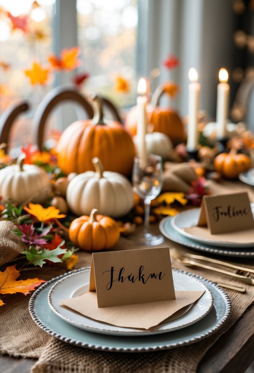 A Friendsgiving table set with personalized handwritten name cards on kraft paper, surrounded by autumn decorations and warm lighting.