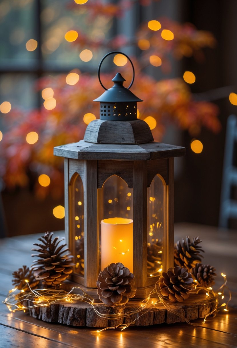 A lantern surrounded by pinecones and glowing fairy lights on a wooden table with autumn leaves in the background.