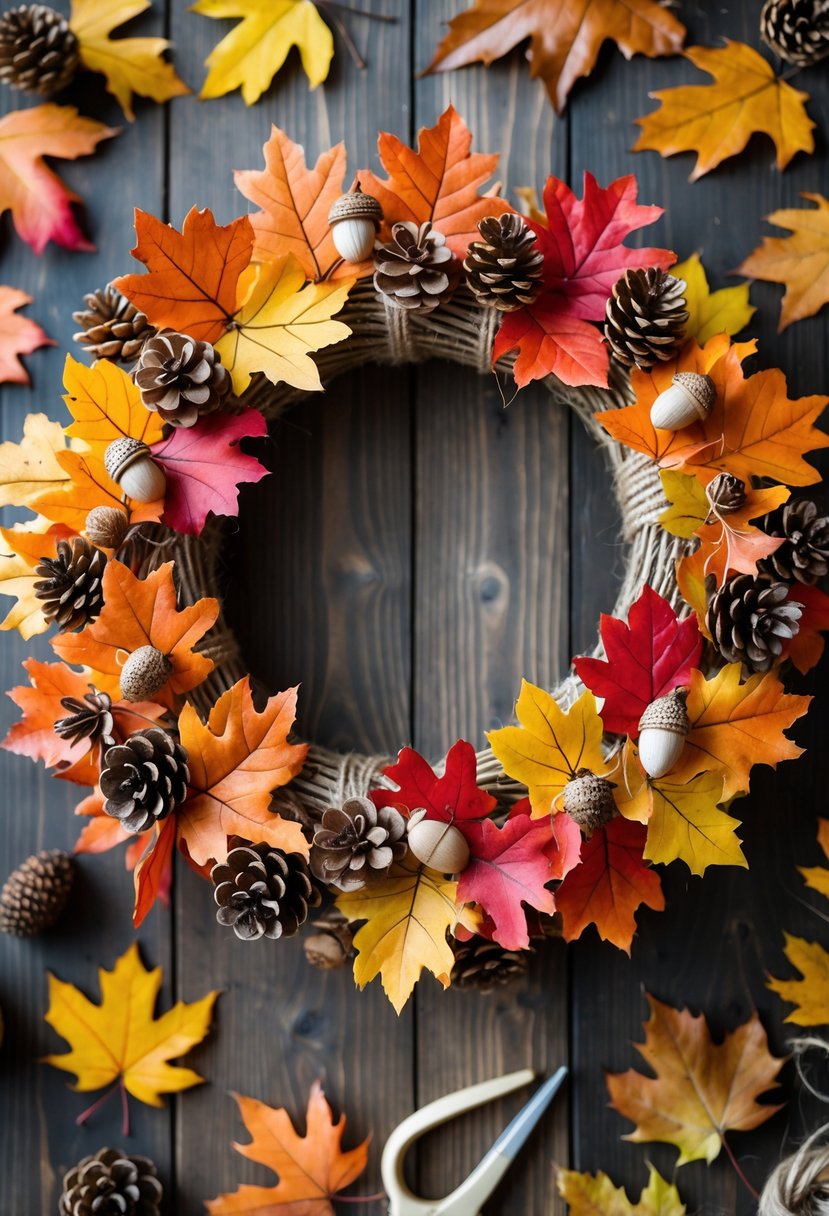 A colorful Thanksgiving wreath made of fall leaves, pine cones, and acorns on a wooden surface with crafting supplies around it.