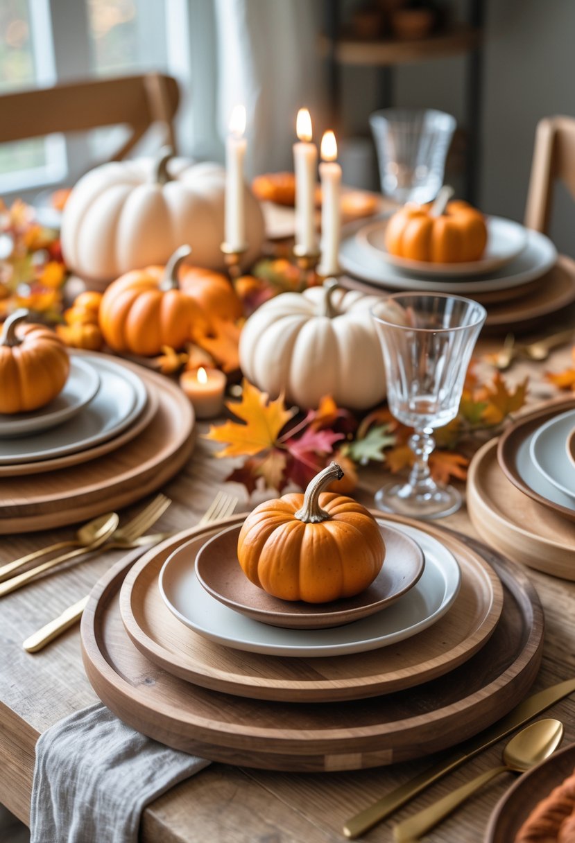 A table set for Friendsgiving with ceramic and wooden plates, autumn decorations, candles, and glassware.