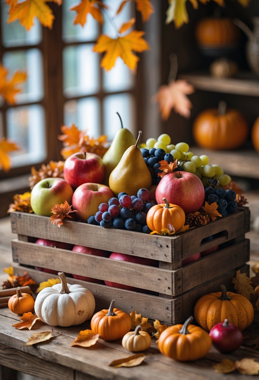 Wooden crate filled with assorted seasonal fruits and autumn decorations on a wooden table.