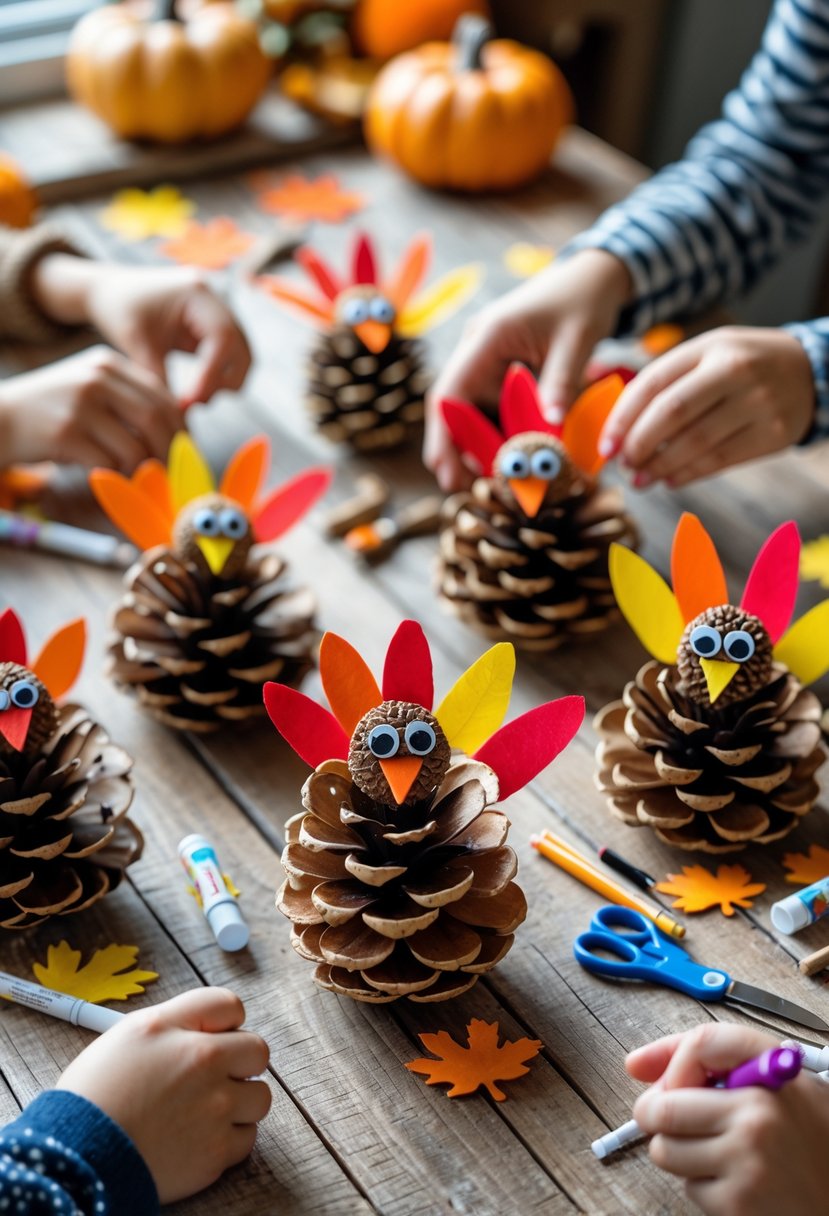 Hands of children and adults making colorful pinecone turkey crafts on a wooden table surrounded by craft supplies and autumn decorations.