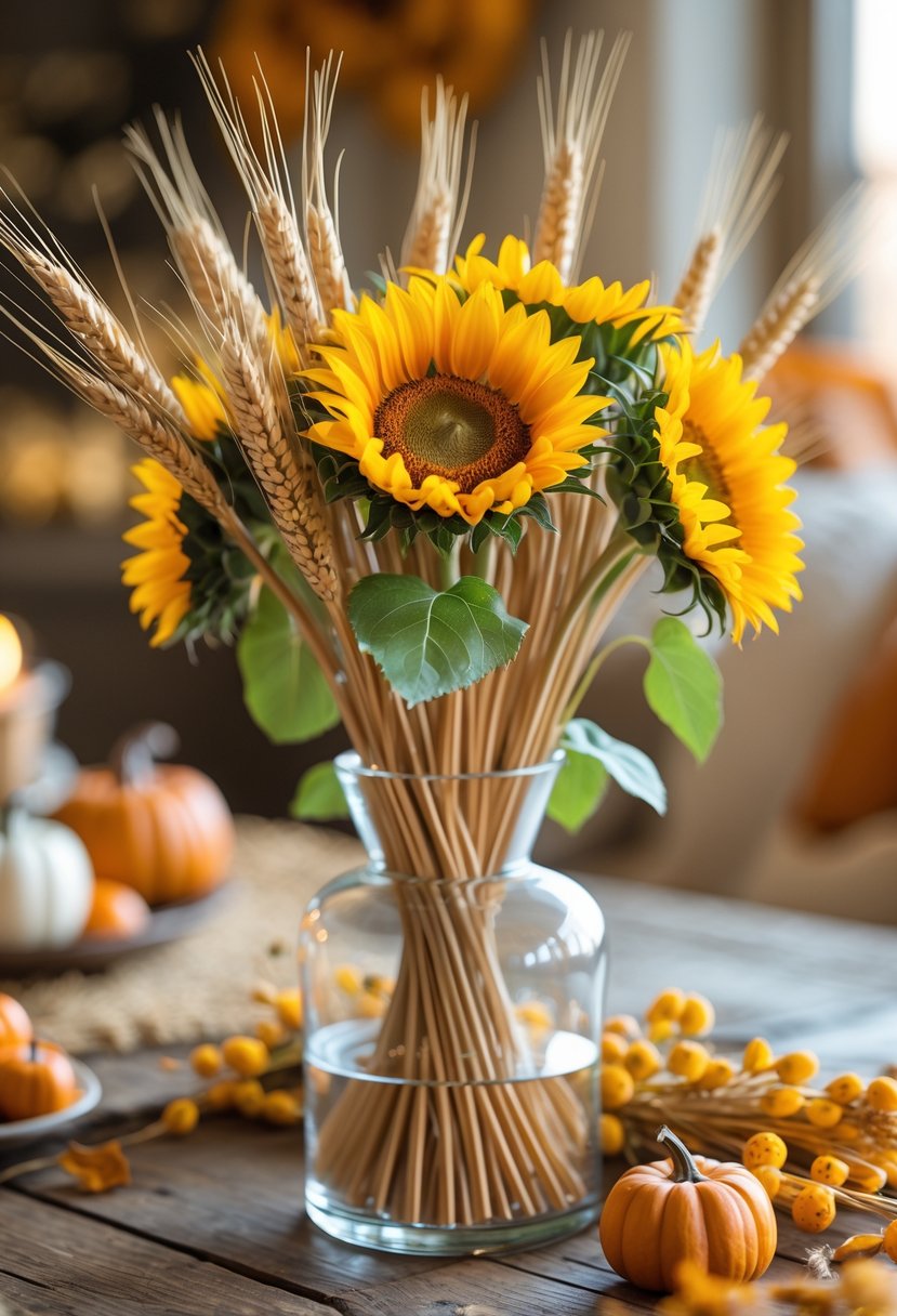 A vase holding a bundle of sunflowers and wheat stalks on a wooden table.