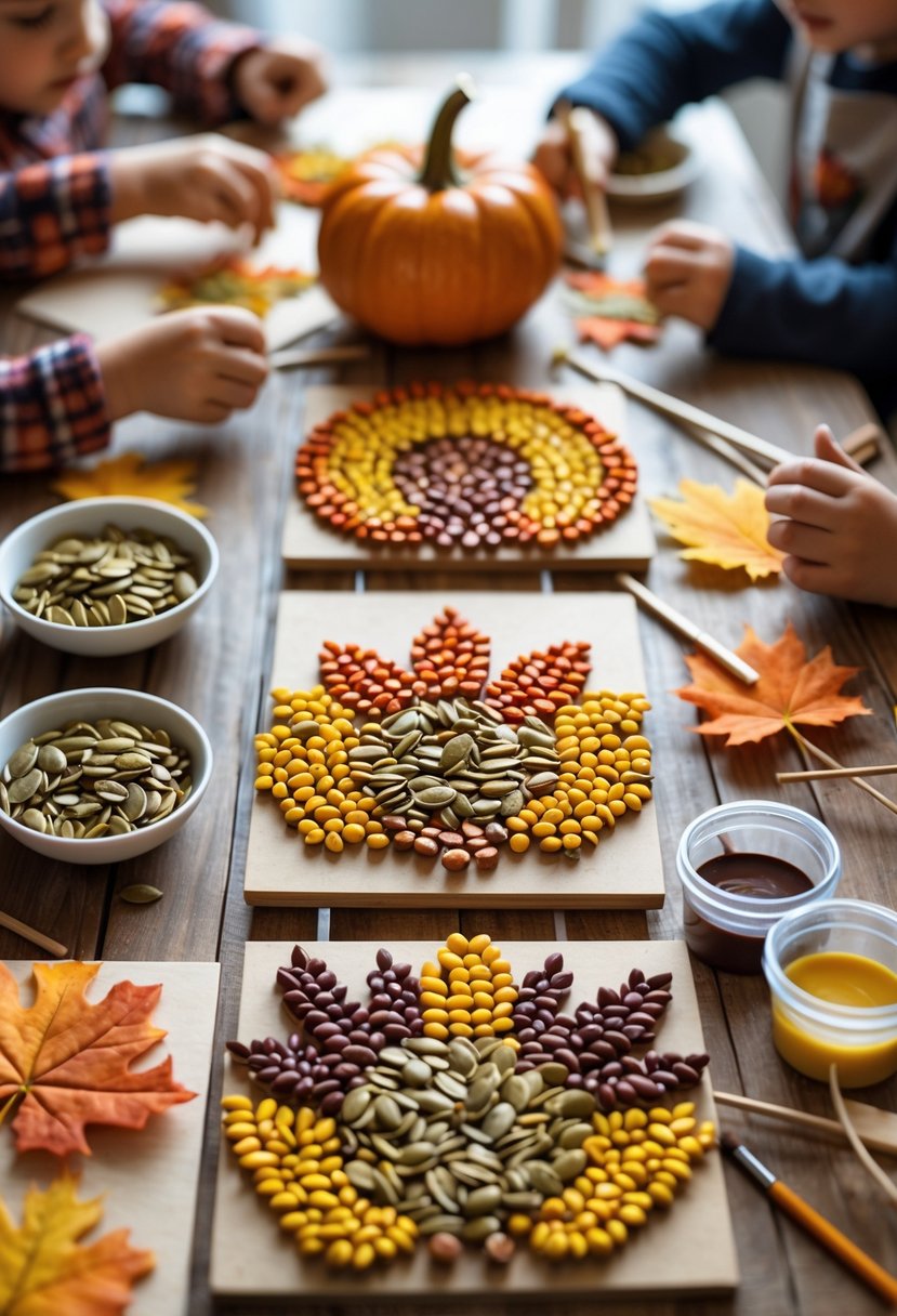 Hands of children and adults creating colorful pumpkin seed mosaics shaped like autumn leaves and pumpkins on a wooden table surrounded by craft supplies.